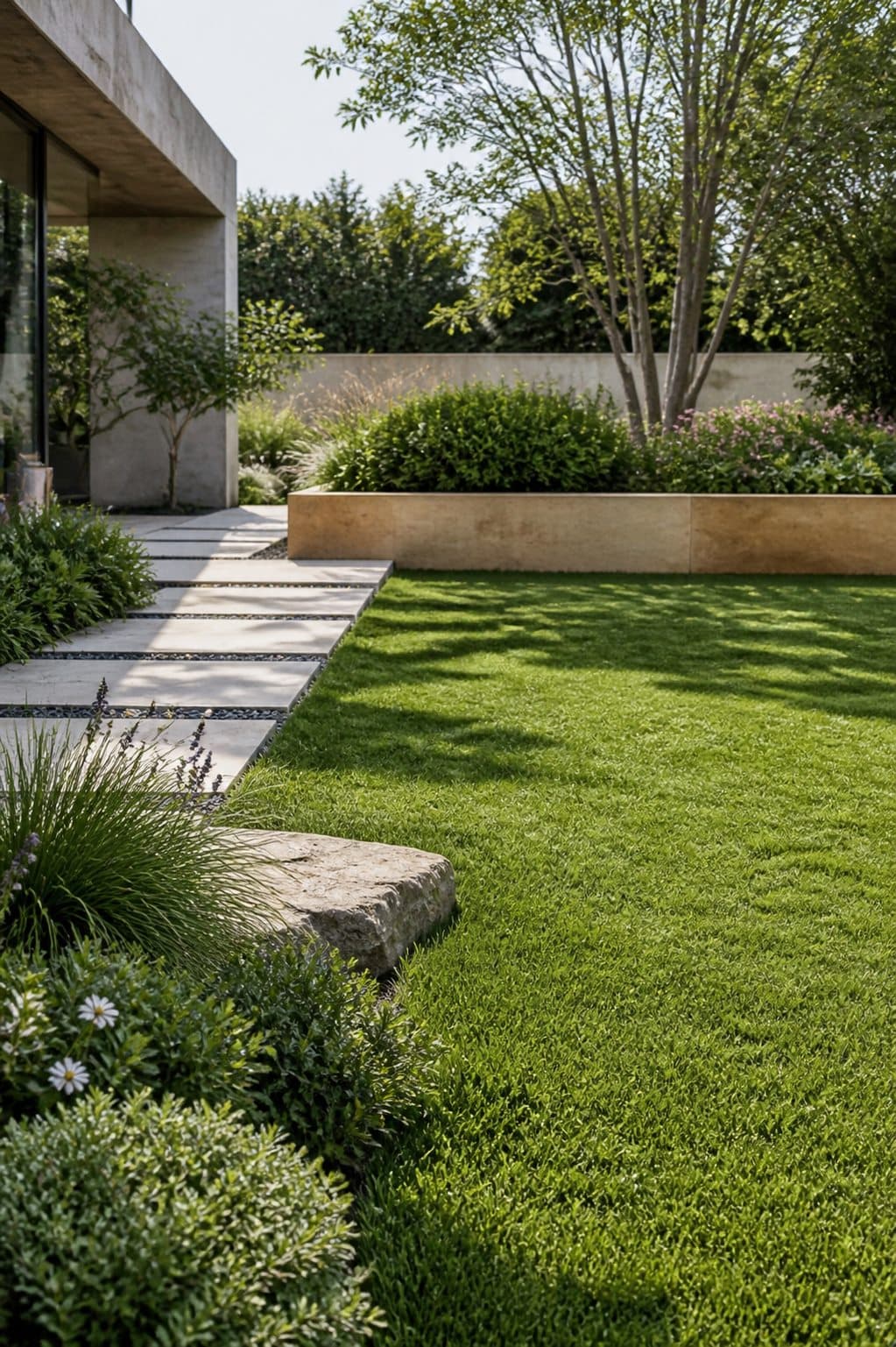 jardín residencial premium con césped natural, canteros y sendero de piedra